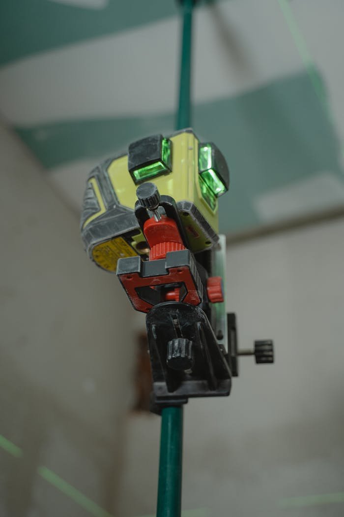 High-resolution close-up of a vertical laser level device on a tripod, indoors.